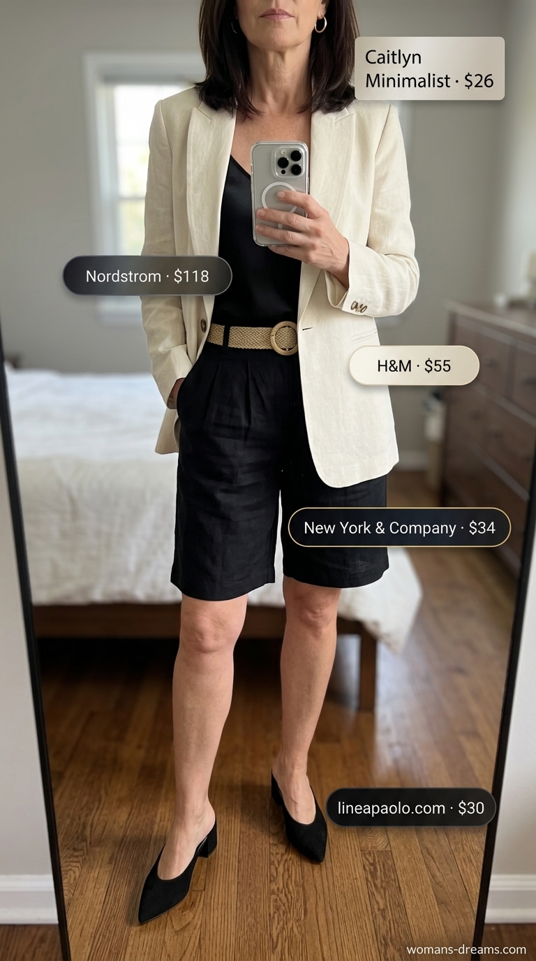 Classic summer outfit for women over 50 2026: Cream shorts, blazer, silk cami, block heels for gallery openings.