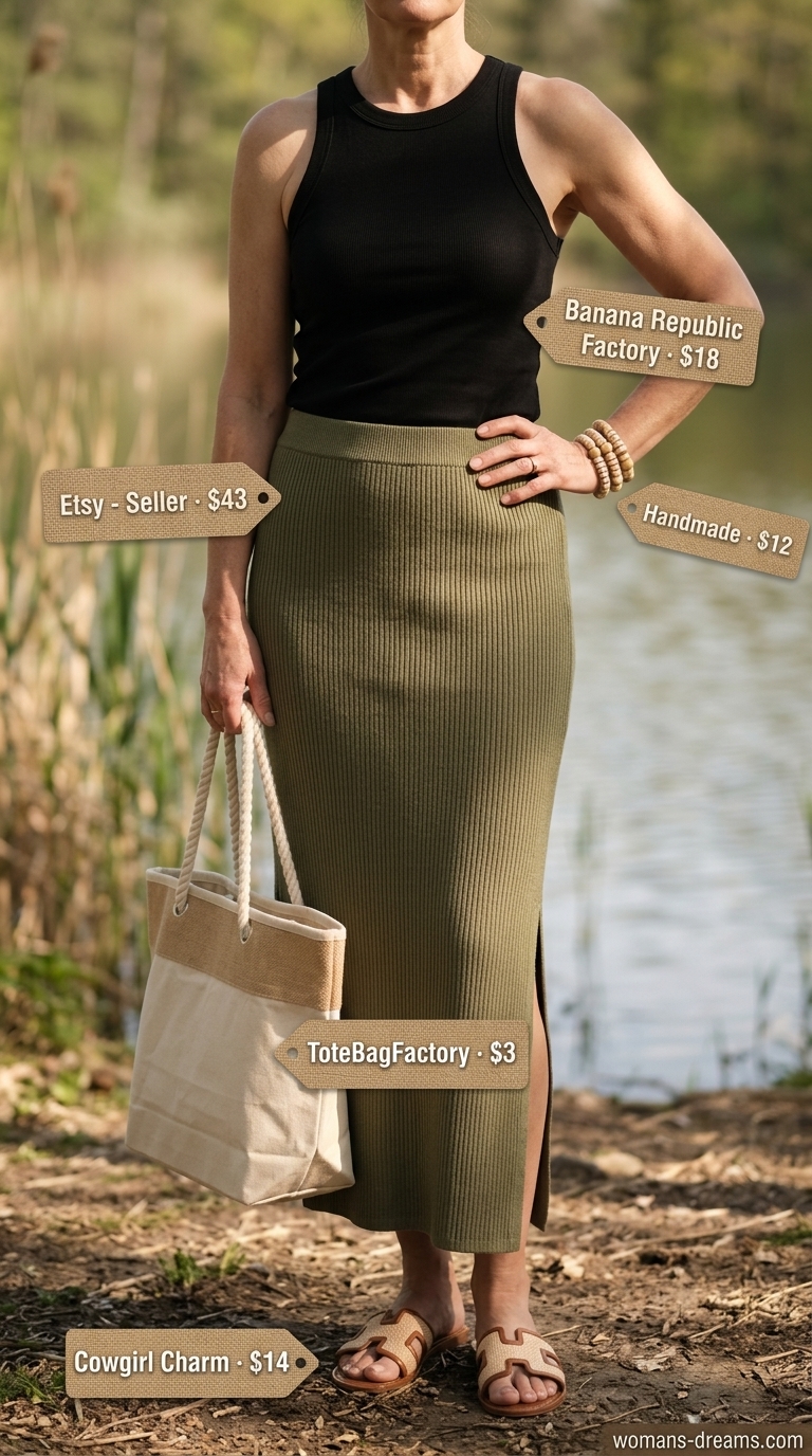 Classic summer outfit for women over 50 2026: Olive maxi skirt, black tank, canvas tote for lakeside leisure.