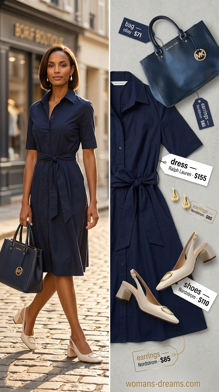 Classic summer outfit for women over 50 2026: Navy shirtdress, gold earrings, block heels for museum visits.