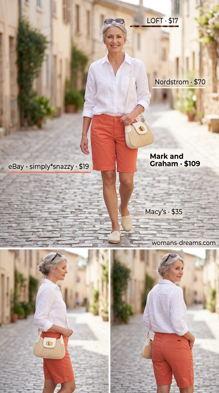 Classic summer outfit for women over 50 2026: Coral shorts, white linen shirt, raffia bag for resort brunch.