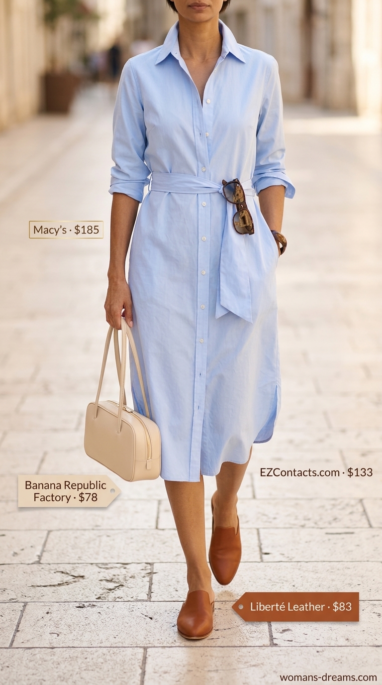 Classic summer outfit for women over 50 2026: Sky blue shirtdress, cognac mules, crossbody bag for Riviera style.