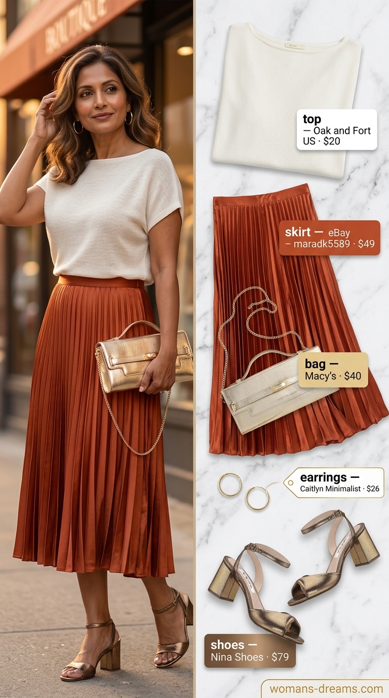 Classic summer outfit for women over 50 2026: Terracotta skirt, ivory knit top, bronze heels for sunset soiree.