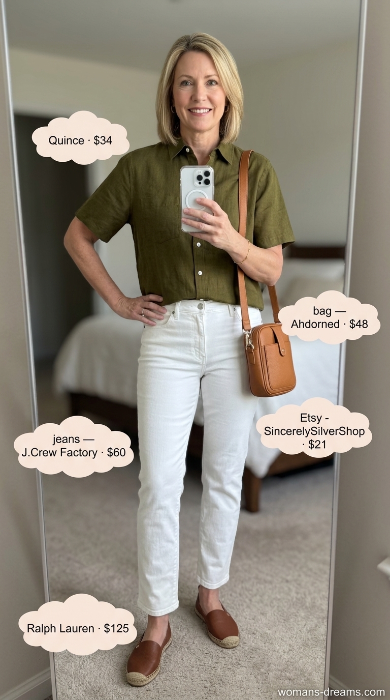 Classic summer outfit for women over 50 2026: White jeans, olive green shirt, espadrilles for vineyard visits.