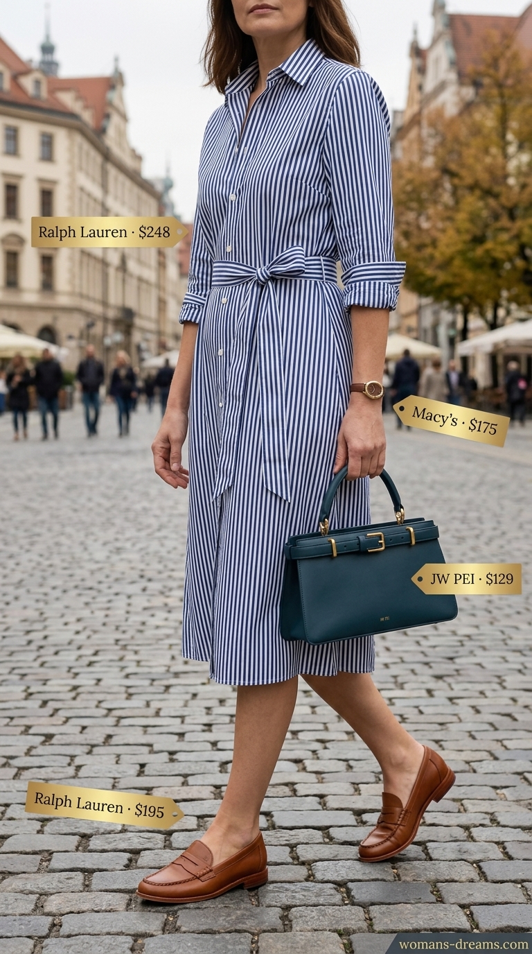Classic summer outfit for women over 50 2026: Navy stripe shirtdress, tan loafers, gold watch, and structured bag for city exploration.