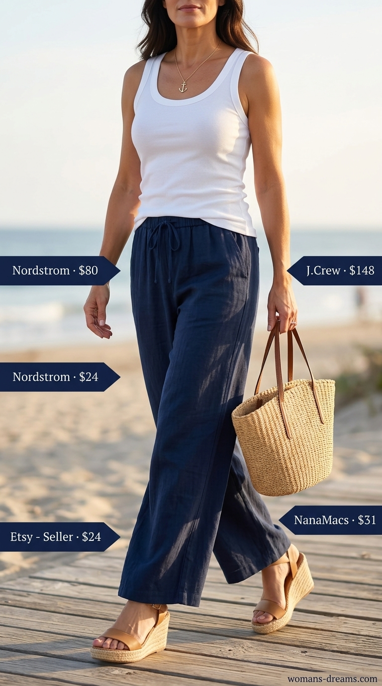 Classic summer outfit for women over 50 2026: Navy linen pants, white tank, straw tote, espadrilles for a relaxed, sophisticated look.
