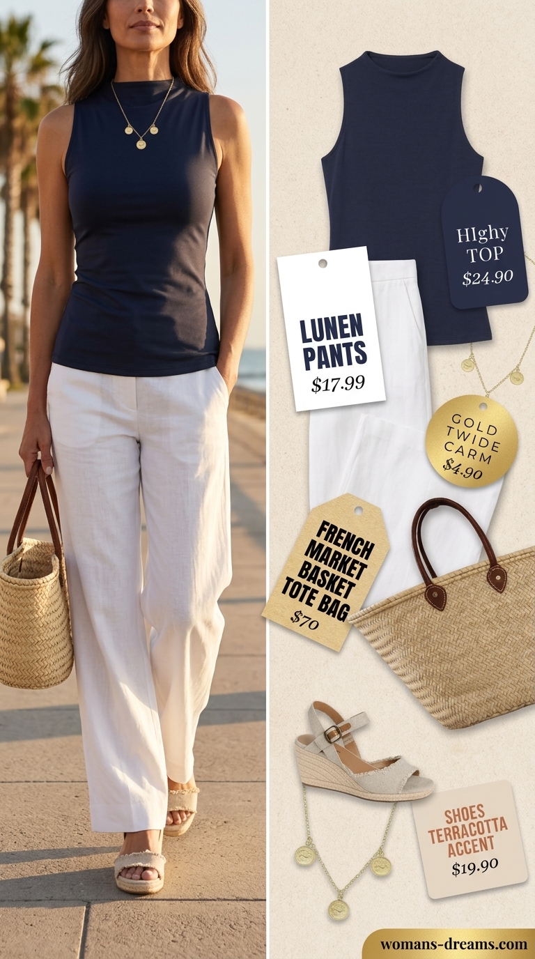 Classic summer outfit for women over 50 2026: White linen pants, navy knit top, straw tote, and espadrilles for coastal elegance.