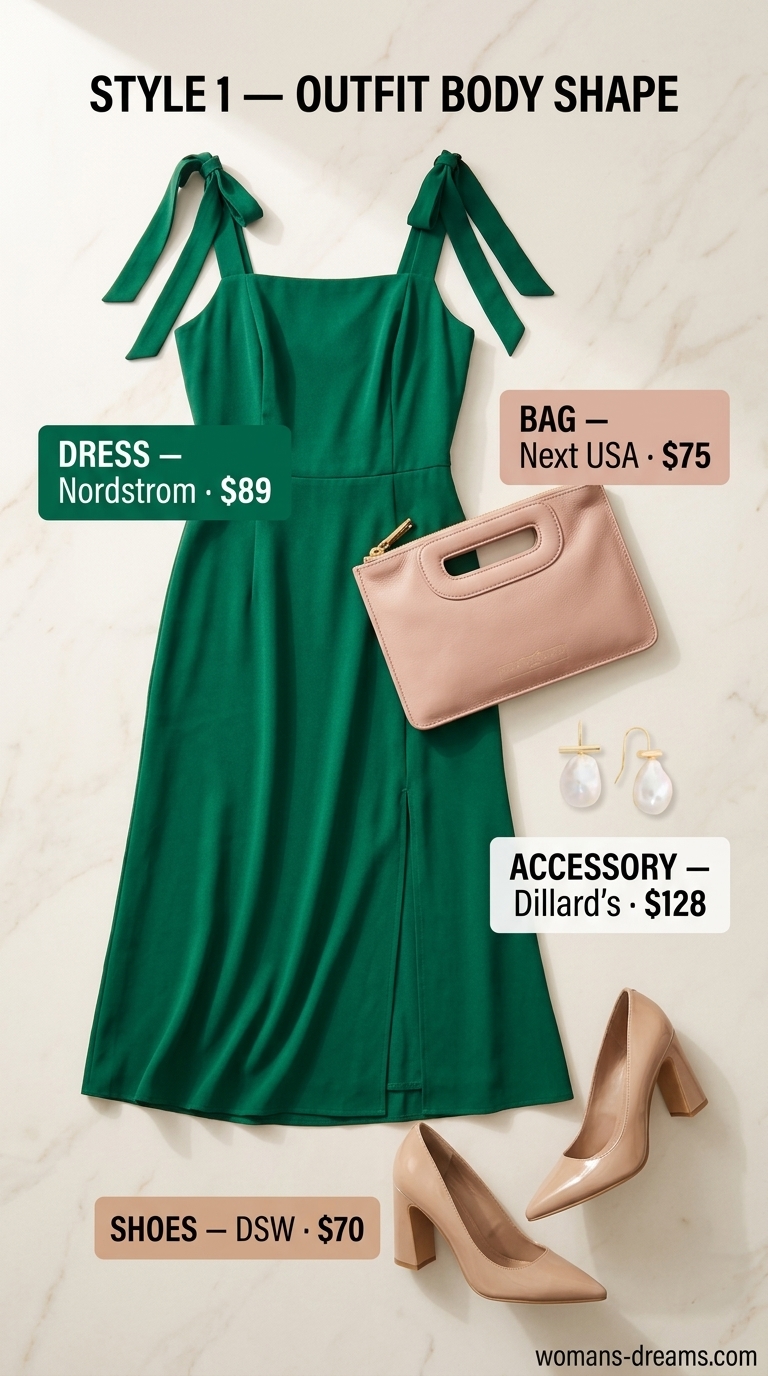 Classic summer outfit for women over 50 2026: Emerald green dress, nude pumps, pearl earrings for a sophisticated cocktail party look.