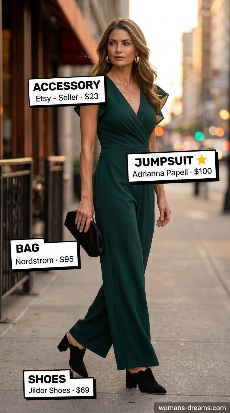 Classic summer outfit for women over 50 2026: Forest green jumpsuit, black heels, and gold earrings for a glamorous evening.