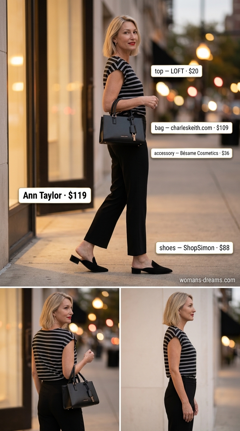 Classic summer outfit for women over 50 2026: Black trousers, striped top, red lipstick, and black bag for a gallery opening.