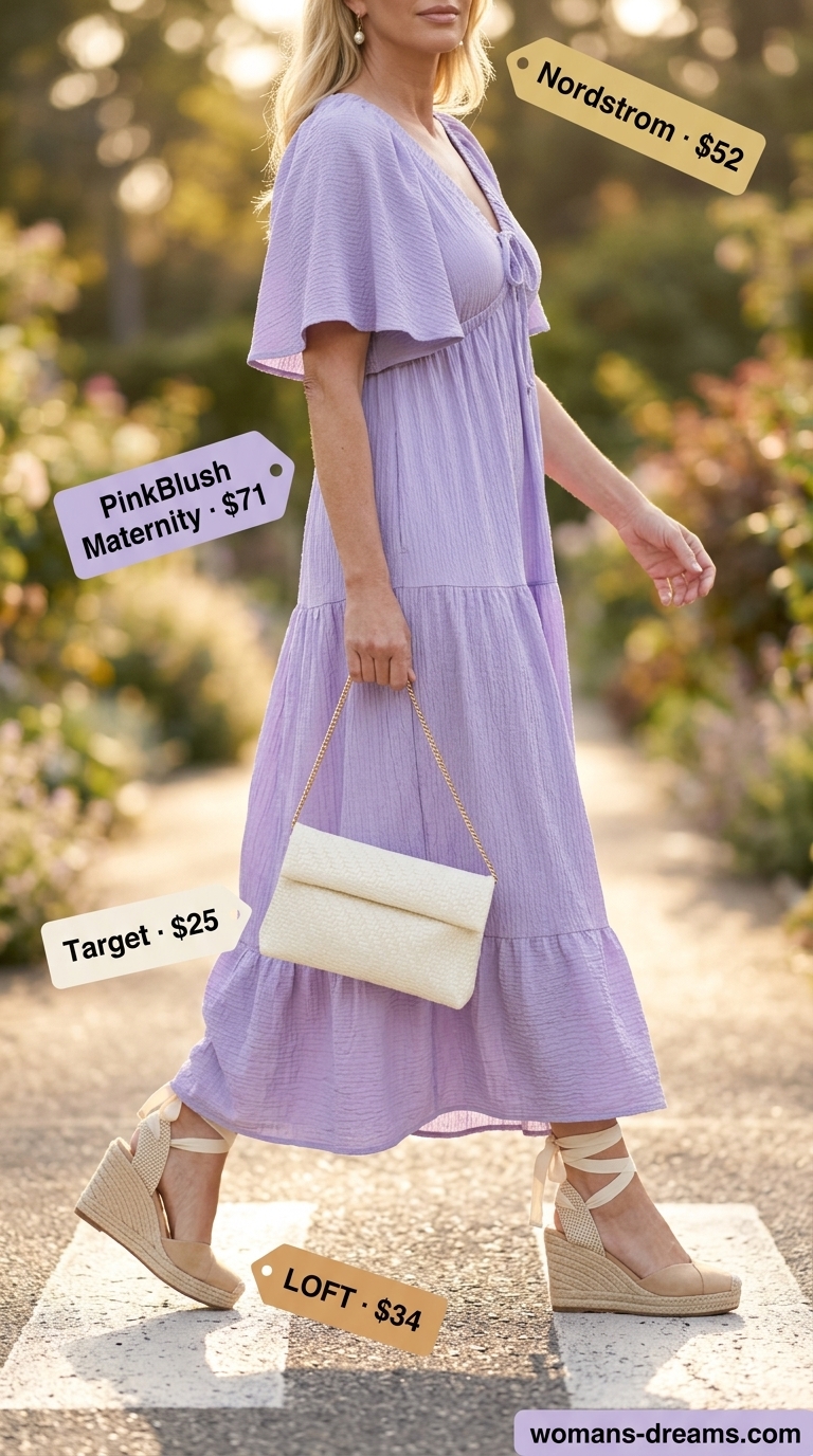 Classic summer outfit for women over 50 2026: Lavender maxi dress, espadrilles, straw clutch for a romantic garden party look.