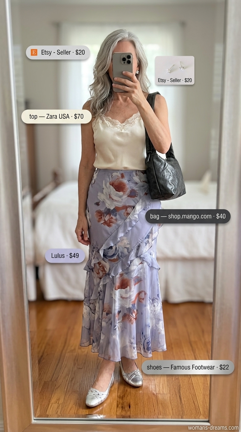 Classic summer outfit for women over 50 2026: Lavender floral skirt, ivory cami, silver flats, and bag for a garden party.