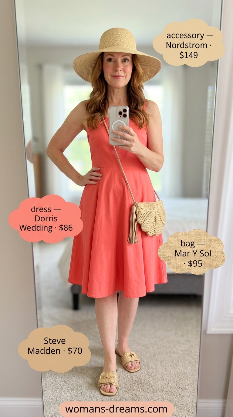 Classic summer outfit for women over 50 2026: Coral sundress, raffia hat, sandals for a cheerful lakeside lunch look.