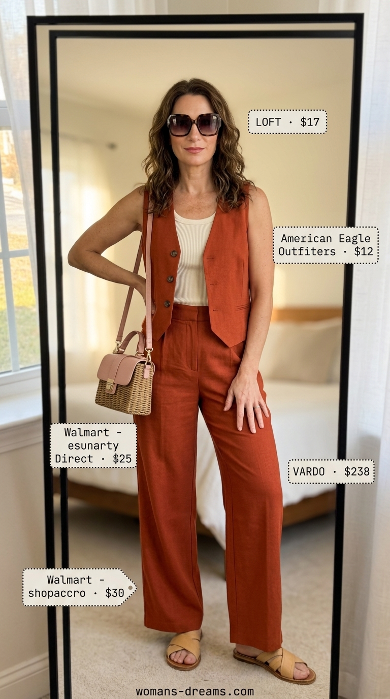 Classic summer outfit for women over 50 2026: Terracotta linen matching set, cream tank, straw bag for a contemporary, earthy vibe.