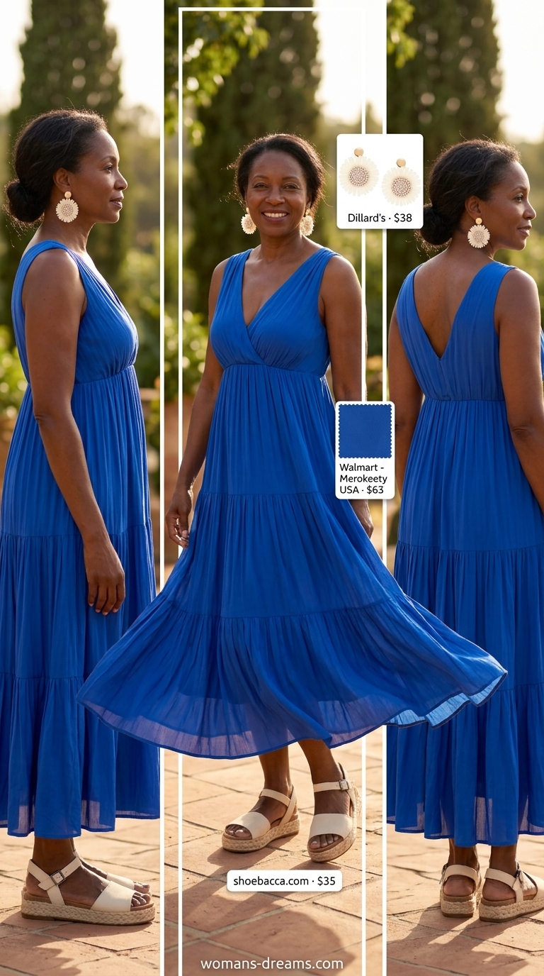Classic summer outfit for women over 50 2026: Cobalt blue maxi dress, raffia bag, espadrilles for a vibrant Mediterranean vacation look.