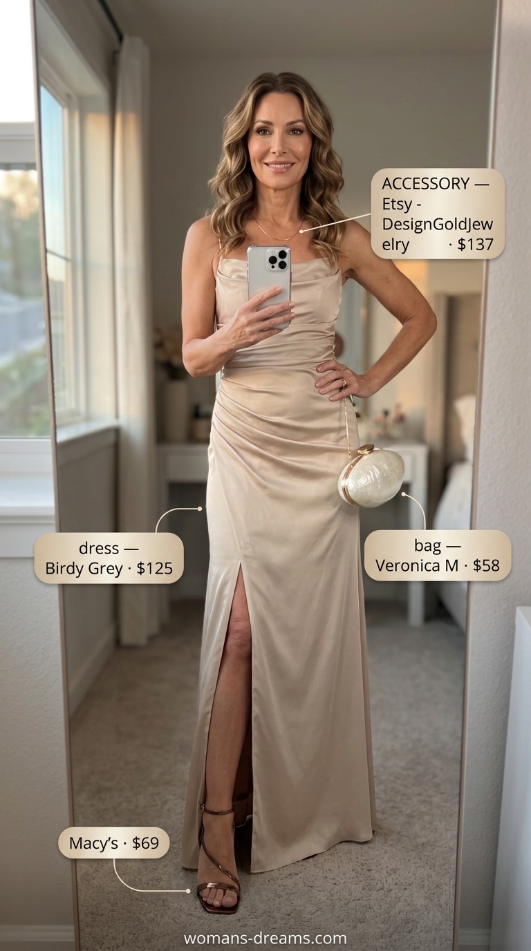 Classic summer outfit for women over 50 2026: Champagne slip dress, bronze heels, pearl clutch for a luxurious resort dinner look.