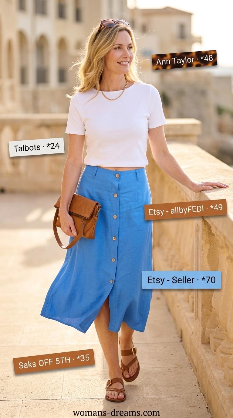 Classic summer outfit for women over 50 2026: Sky blue skirt, white tee, cognac bag, and sandals for a Riviera day out.