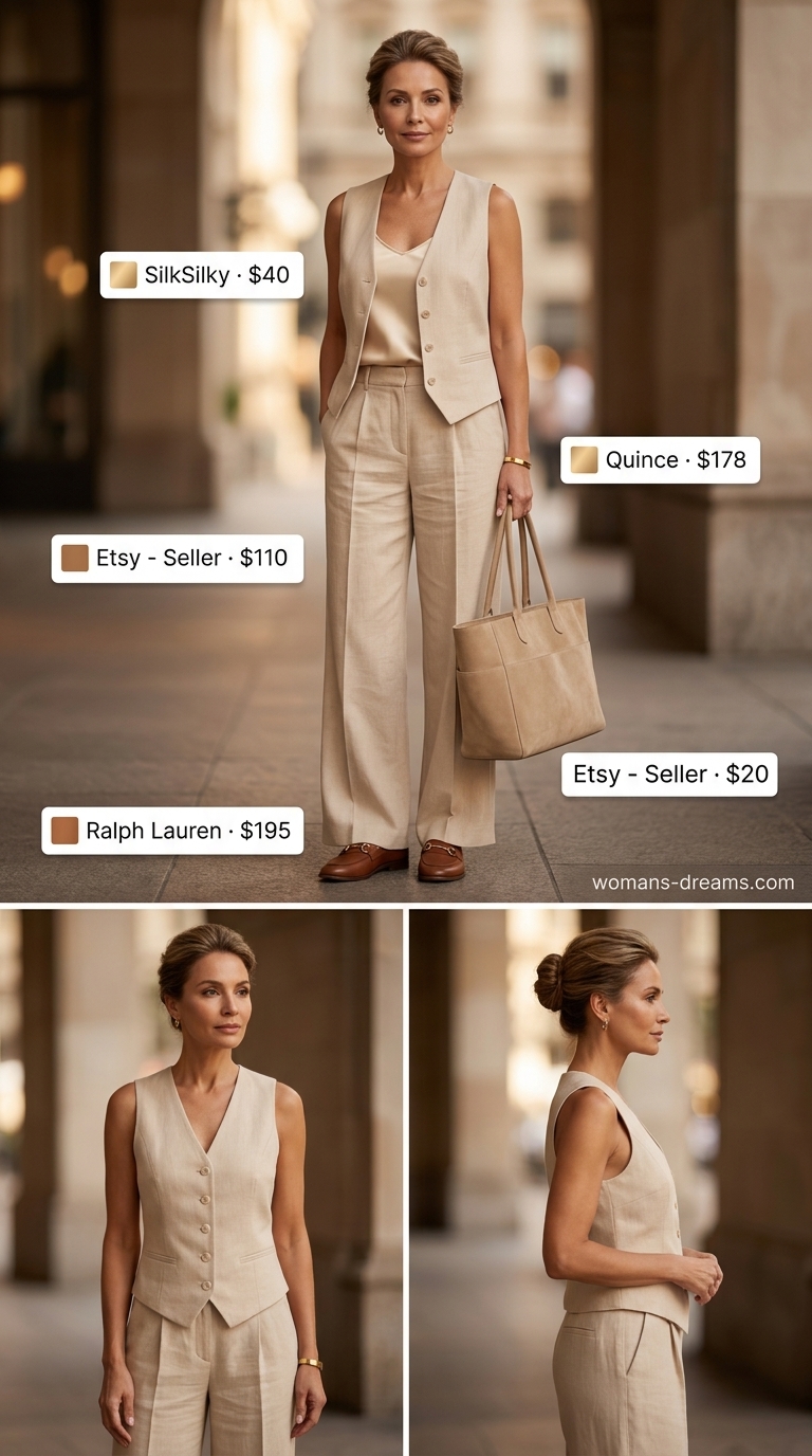 Classic summer outfit for women over 50 2026: Beige linen set, cream cami, loafers for a sophisticated daytime event look.