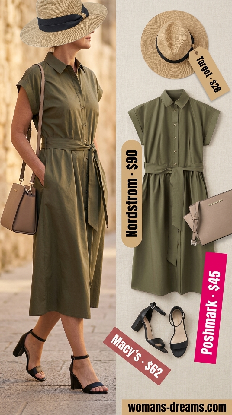 Classic summer outfit for women over 50 2026: Khaki shirt dress, tan crossbody, black sandals, and straw hat for sophisticated safari.