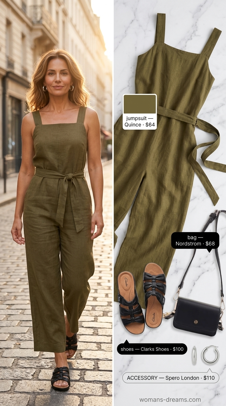 Classic summer outfit for women over 50 2026: Khaki utility jumpsuit, black slides, and silver hoops for urban safari chic.