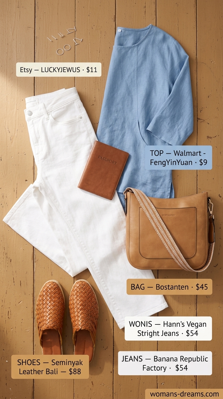 Classic summer outfit for women over 50 2026: Sky blue linen top, white jeans, tan mules for a fresh, relaxed weekend look.