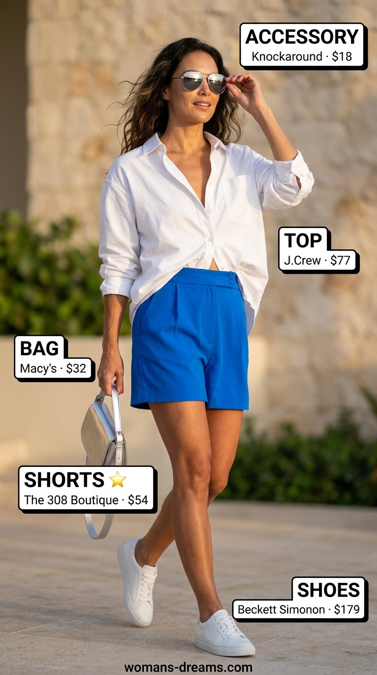 Colorful summer neon outfits for women 2026: Neon blue Bermuda shorts, white oversized shirt, white sneakers, silver bag for resort lunch.