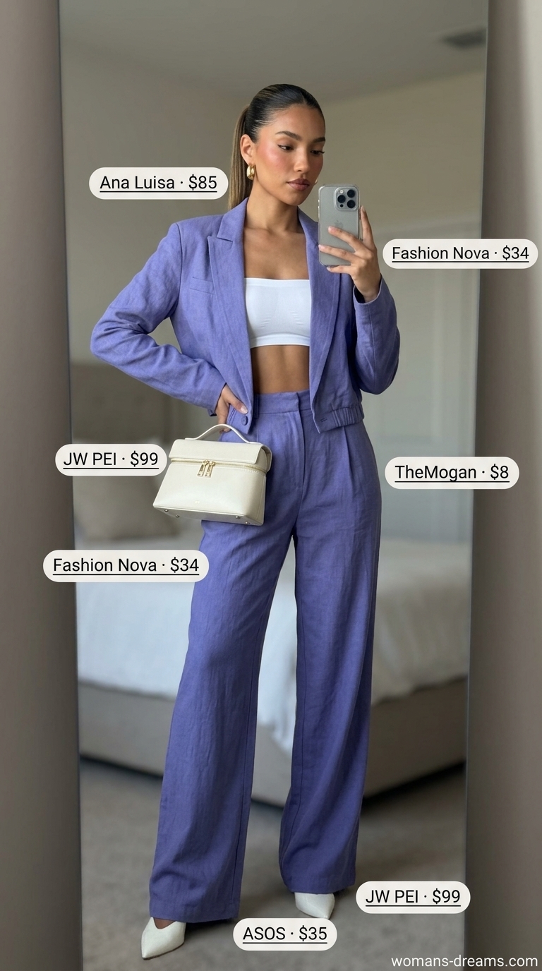 Colorful summer neon outfits for women 2026: Luminous blue set, gold accessories for garden party.