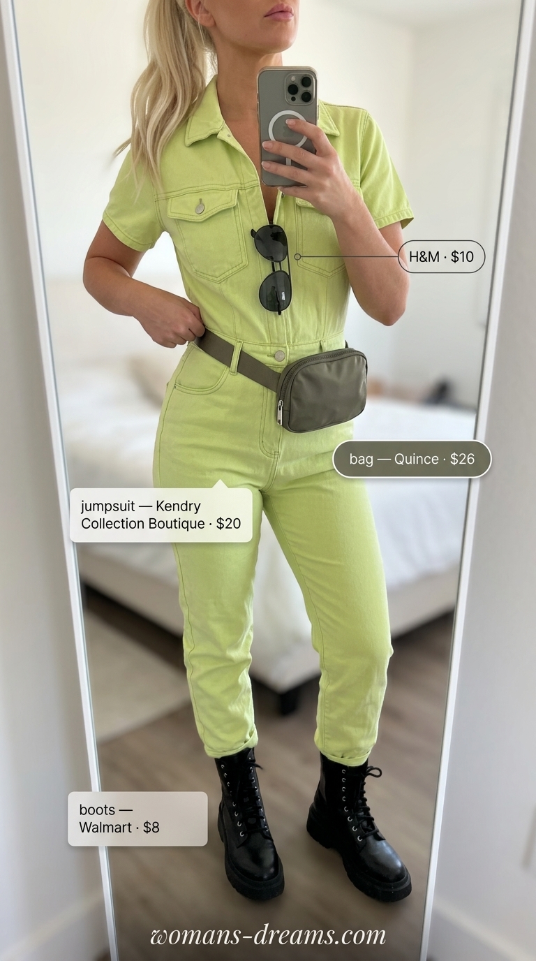 Lime green utility jumpsuit with khaki belt bag, for edgy colorful summer neon outfits for women 2026 festivals.