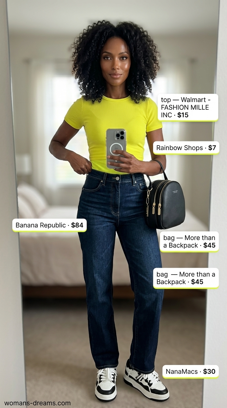 Highlighter yellow crop top with distressed jeans, for edgy colorful summer neon outfits for women 2026 casual looks.