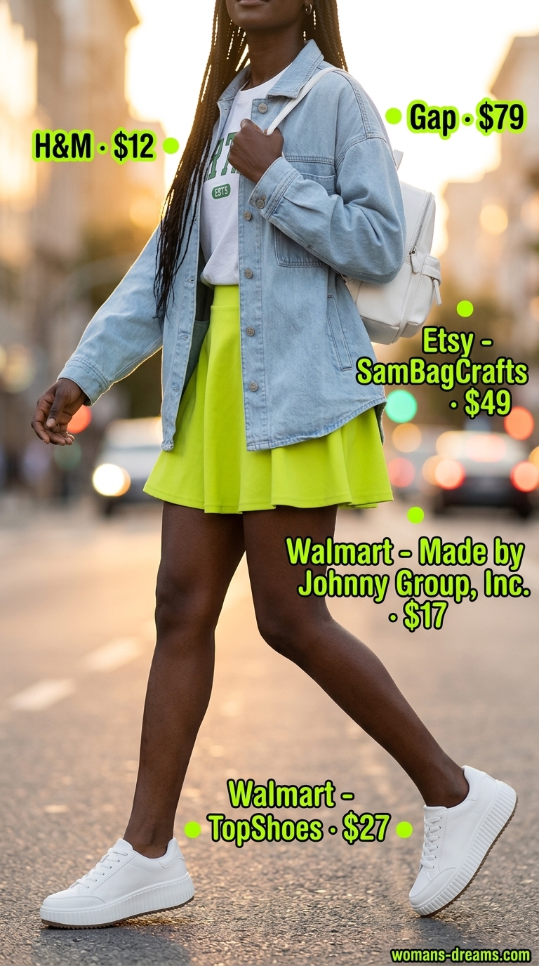 Colorful summer neon outfits for women 2026: Chartreuse skirt, white tee, denim jacket for festivals.