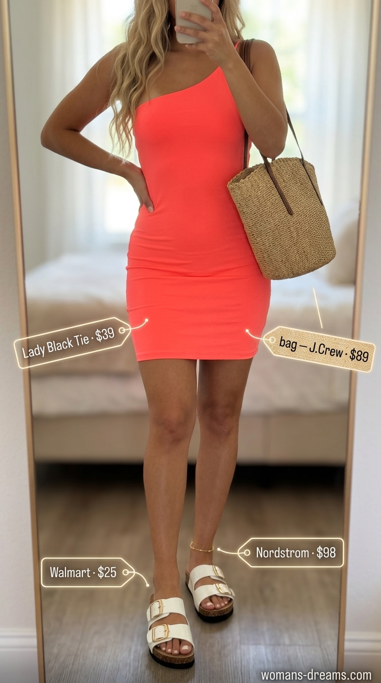 Colorful summer neon outfits for women 2026: Neon coral dress, straw tote for vacation.