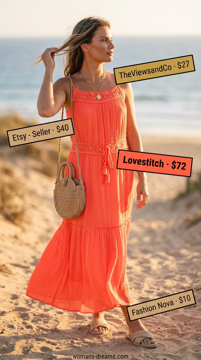 Neon coral maxi dress with straw accessories, for ethereal colorful summer neon outfits for women 2026 vacation.