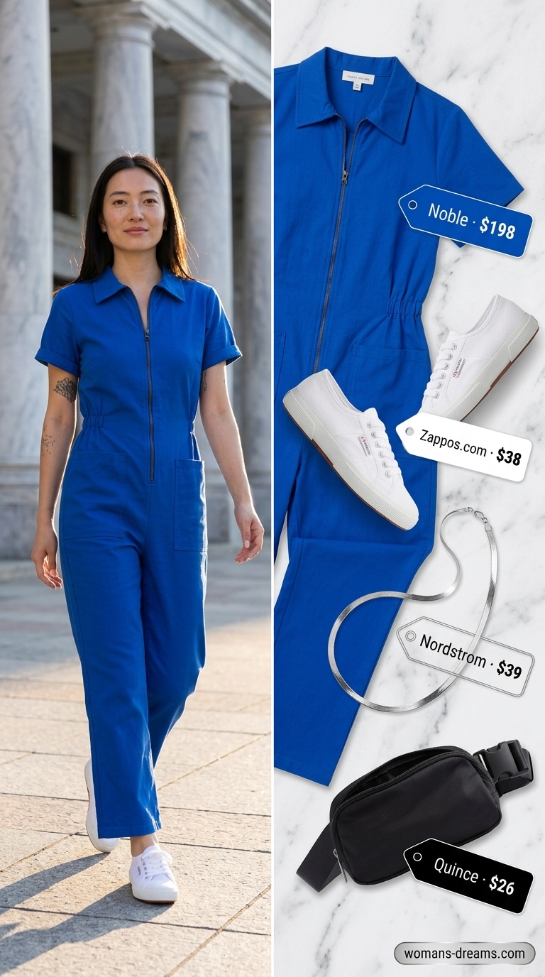 Electric blue utility jumpsuit with silver accents, for modern colorful summer neon outfits for women 2026 city style.