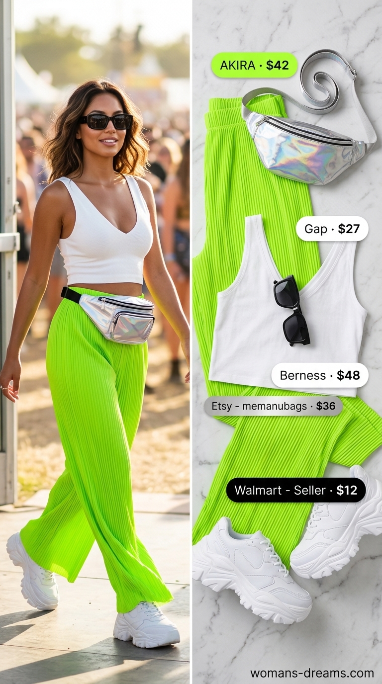 Colorful summer neon outfits for women 2026: Neon green wide-leg trousers, white crop tank, platform sneakers, holographic belt bag for festival.