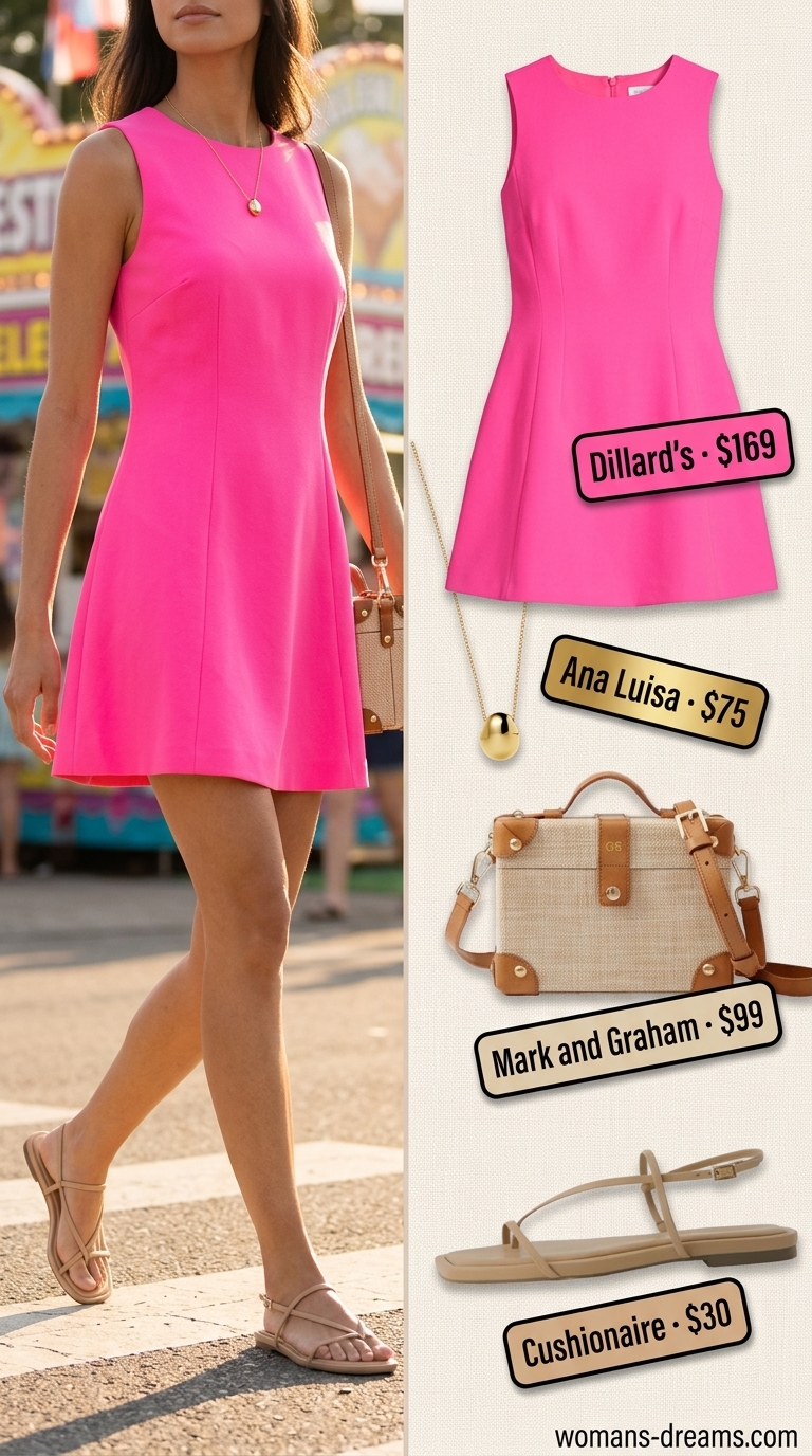 Colorful summer neon outfits for women 2026: Neon pink A-line mini dress, nude sandals, raffia bag, and gold necklace for a daytime party.