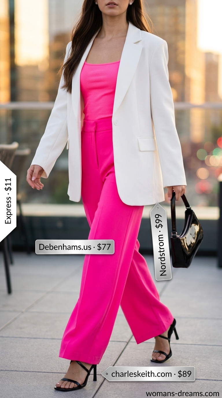 Neon pink wide-leg trousers with a white blazer, for chic colorful summer neon outfits for women 2026 evening.