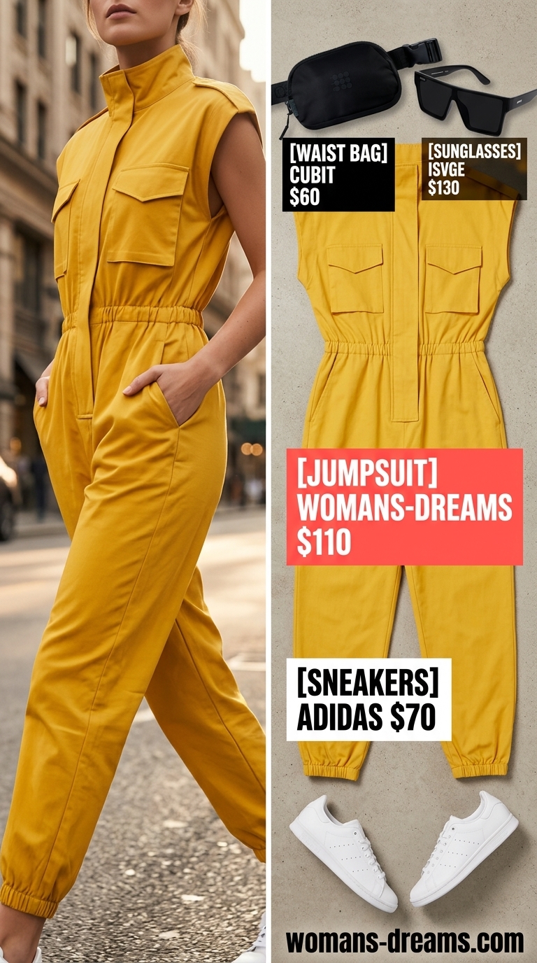 Colorful summer neon outfits for women 2026: Neon yellow utility jumpsuit, white sneakers, black sunglasses, and belt bag for city sightseeing.