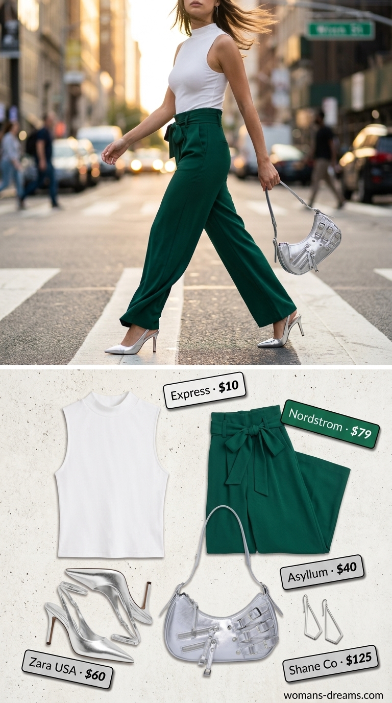 Colorful summer neon outfits for women 2026: Neon emerald green wide-leg pants, white mock-neck top, silver accessories for a creative office.