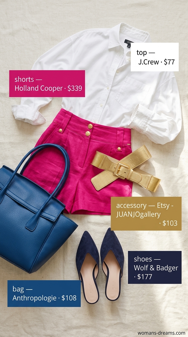 Fuchsia bermuda shorts with a white button-down shirt, for vibrant colorful summer neon outfits for women 2026 city chic.