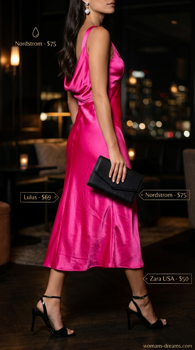 Colorful summer neon outfits for women 2026: Neon fuchsia slip dress, black stilettos, black clutch, and silver drop earrings for date night.