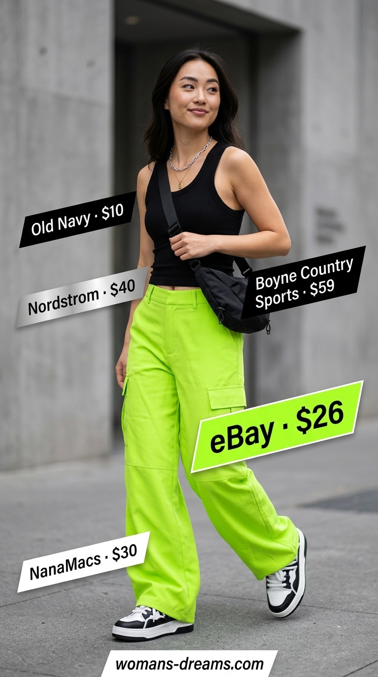 Neon lime green cargo pants with a black tank top, for cool colorful summer neon outfits for women 2026 street style.