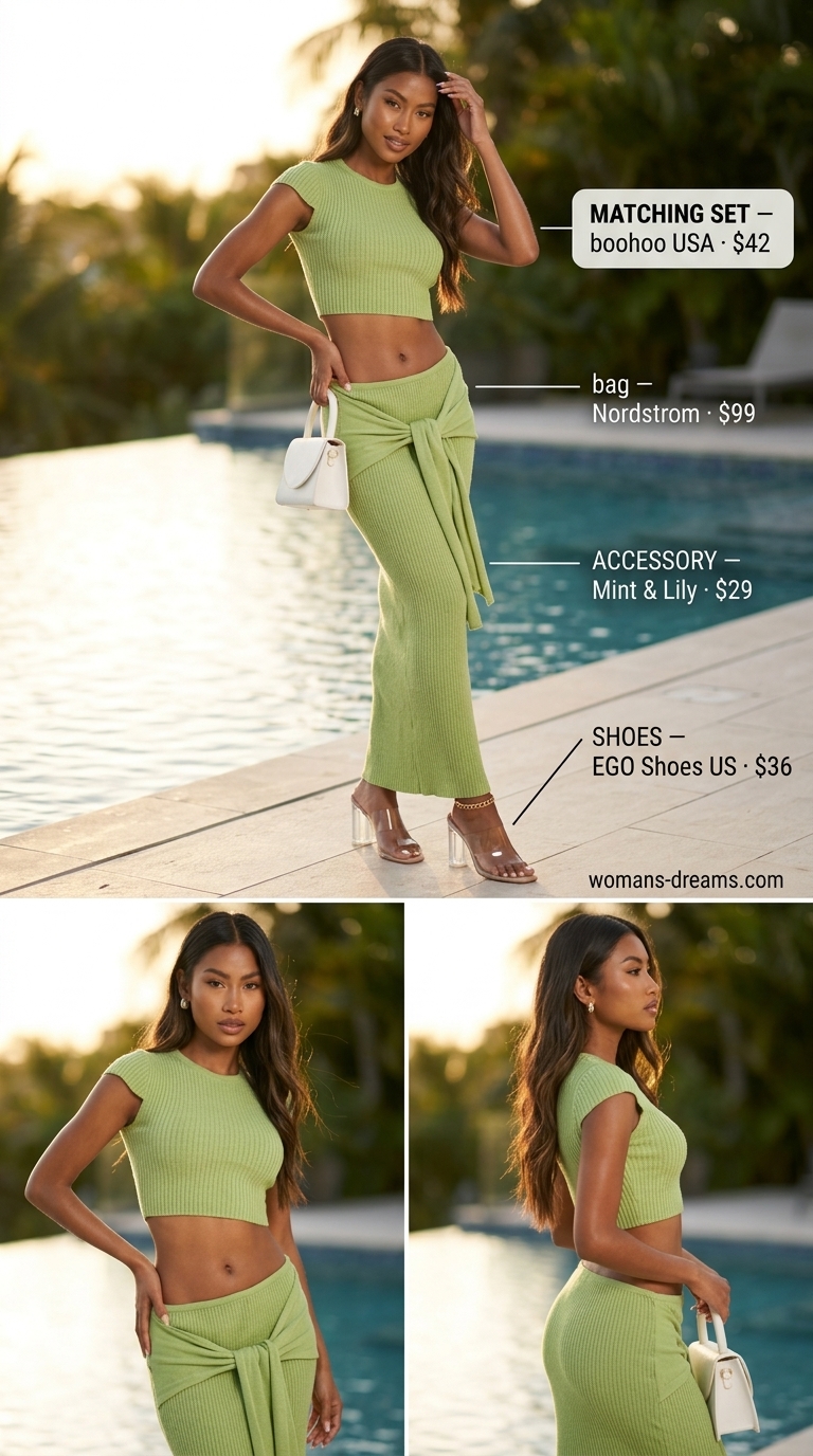 Colorful summer neon outfits for women 2026: Lime green matching set, white top-handle bag, and clear PVC mules for a pool party.