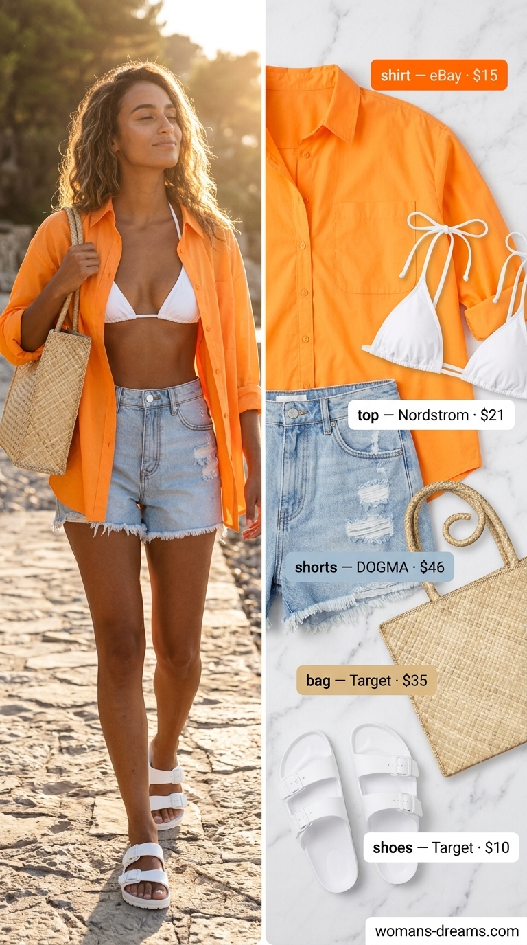 Colorful summer neon outfits for women 2026: Neon orange oversized shirt, denim shorts, white bikini top, straw tote for beach day.