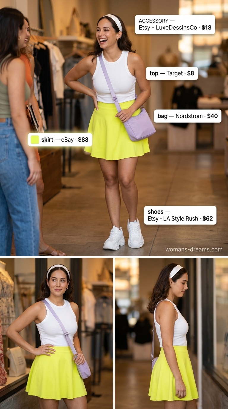 Neon yellow mini skirt with a white tank top, for playful colorful summer neon outfits for women 2026 brunch.