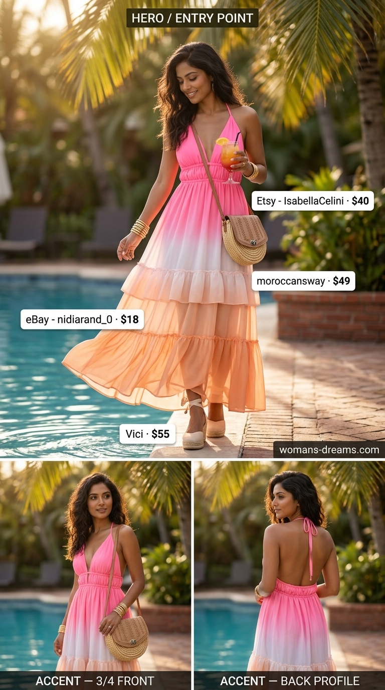 Colorful summer neon outfits for women 2026: Ombre neon maxi dress, straw hat for vacation.