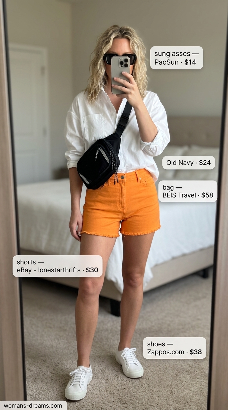 Colorful summer neon outfits for women 2026: Orange shorts, green tee, white sneakers for city sightseeing.