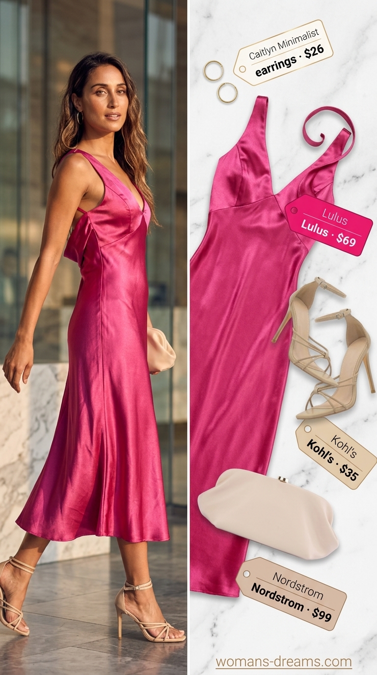 Colorful summer neon outfits for women 2026: Hot pink slip dress, nude sandals, gold jewelry for a summer date night.