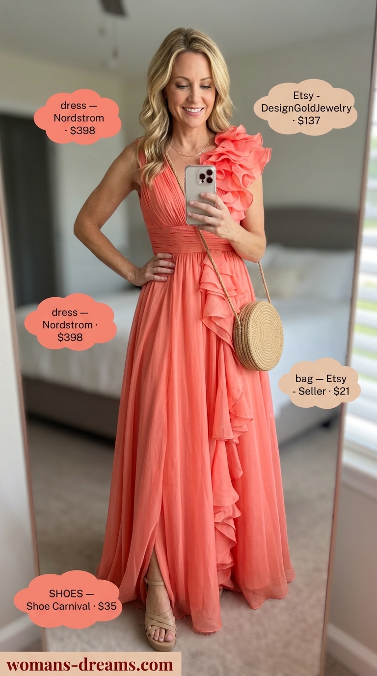 Radiant coral maxi dress with gold accents, perfect for colorful summer neon outfits for women 2026 beach wedding guest.