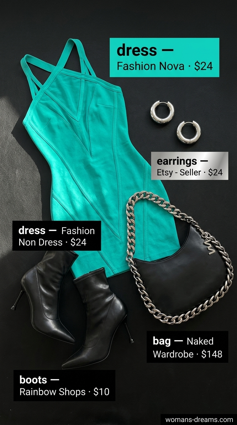 Colorful summer neon outfits for women 2026: Teal bodycon dress, silver hoops for a night out.