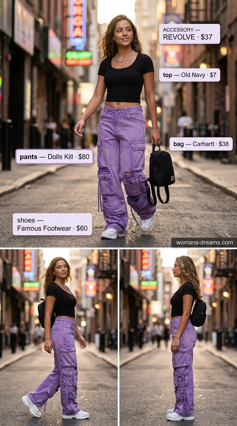 Bright purple cargo pants with a black crop top, for bold colorful summer neon outfits for women 2026 streetwear.