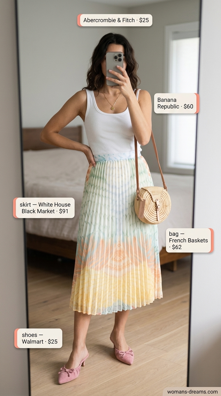 Colorful summer neon outfits for women 2026: Neon yellow skirt, white tank for garden brunch.